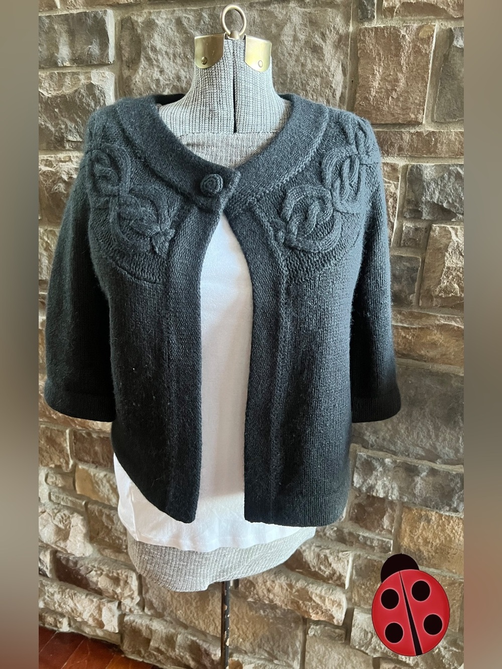 Merona Black Short Sleeve Knit Cardigan with Floral Yoke